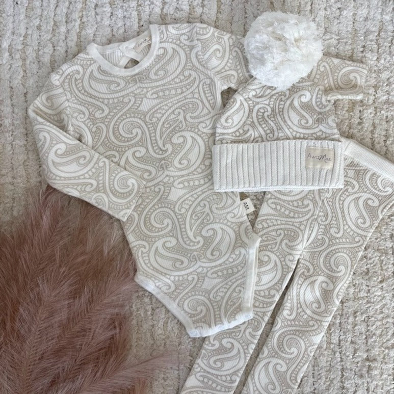 Basics ribbed knit bodysuit- The wolf- oat milk - AwaMae