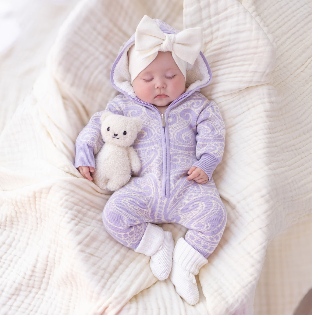 The wolf Sherpa hooded romper - Lavender