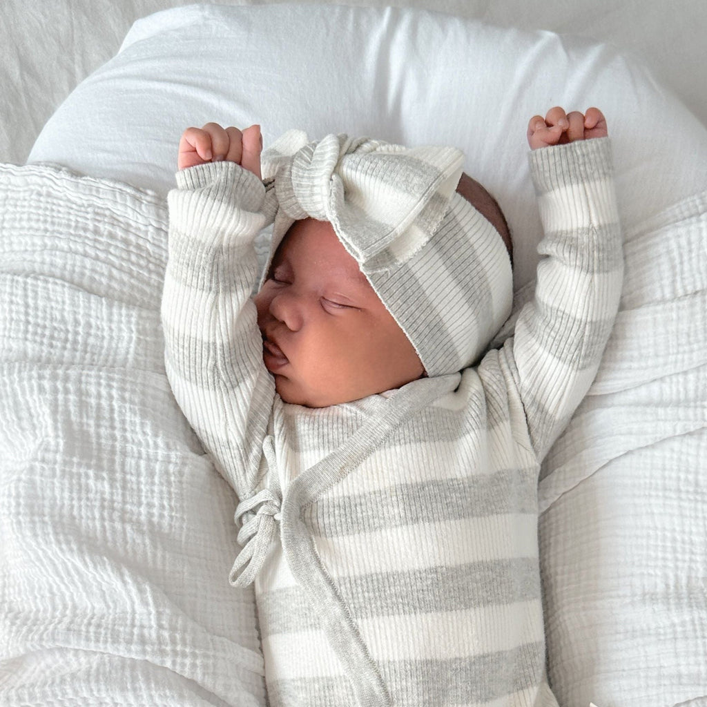 Basics ribbed knit bow headband - Milk and mist stripe