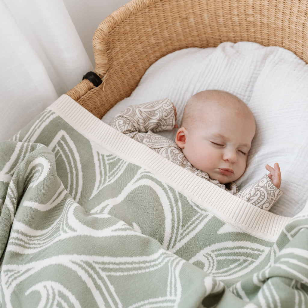PREORDER Te aroha o te mātua - The love of a parent- Knitted pēpi blanket- sage green PREORDER