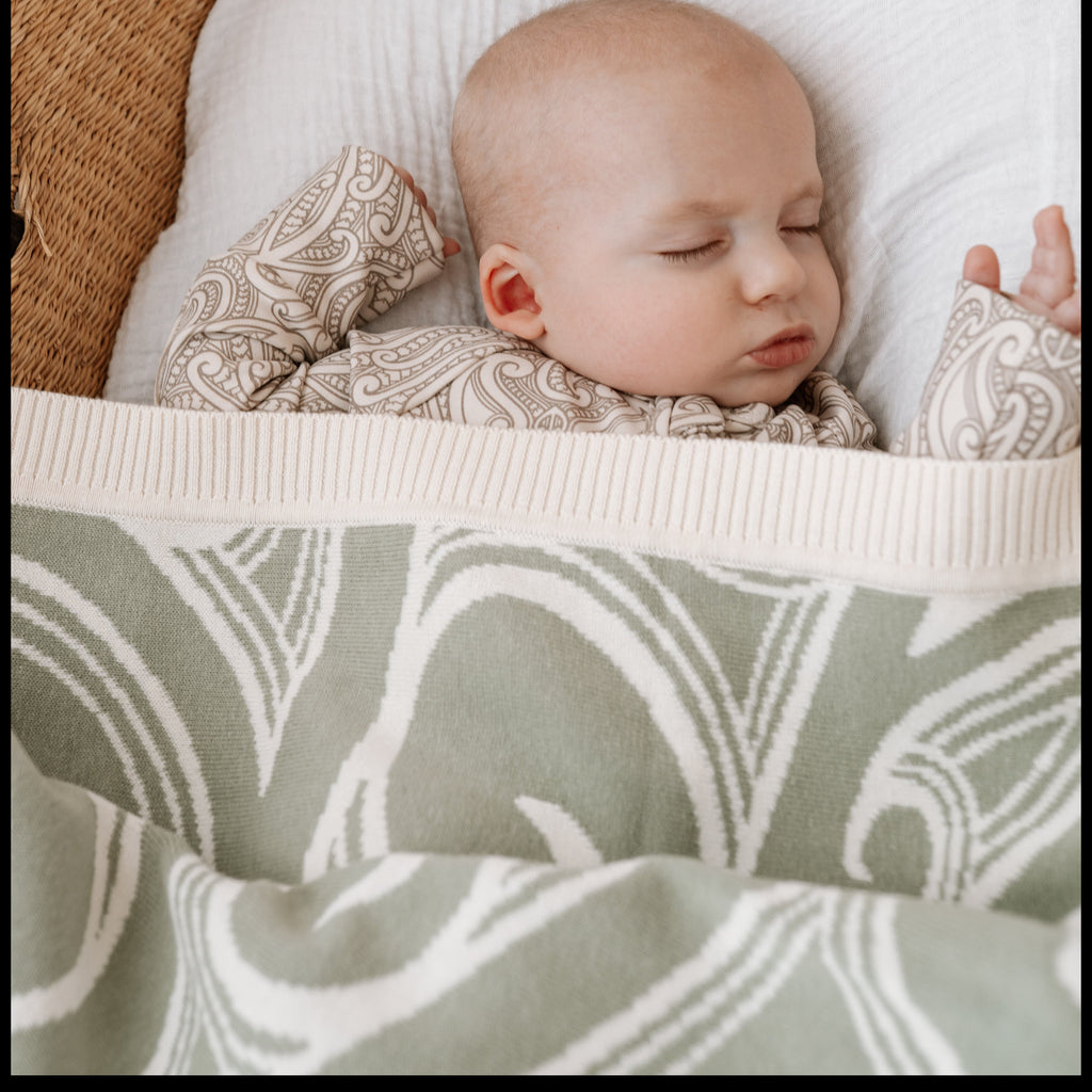 PREORDER Te aroha o te mātua - The love of a parent- Knitted pēpi blanket- sage green PREORDER